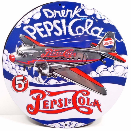 DRINK PEPSI COLA 5 CENTS PLANE ROUND EMBOSSED METAL TIN SIGN