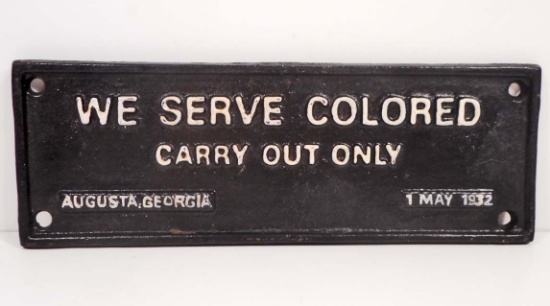 CAST IRON BLACK AMERICANA WE SERVE COLORED CARRY OUT ONLY SIGN