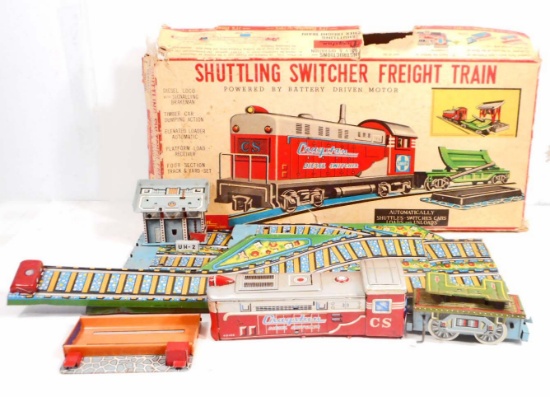 C. 1960'S TIN LITHO SHUTTLING SWITCHER FREIGHT TRAIN PLAYSET IN ORIG. BOX