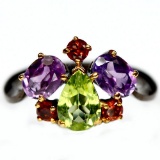 ALLURING! NATURAL! GREEN PERIDOT, PURPLE AMETHYST & GARNET..925 SILVER RING