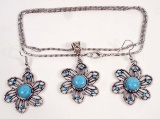 TIBETIAN SILVER BLUE SUNFLOWER NECKLACE & EARRING SET