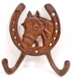 CAST IRON HORSE & HORSE SHOE DOUBLE HOOK - WALL MOUNT