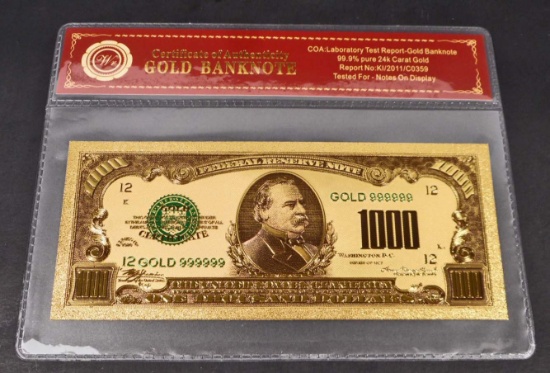 99.9% 24K ONE THOUSAND DOLLAR GOLD BANKNOTE W/COA