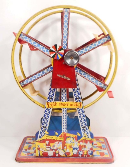 VINTAGE 1950'S OHIO ART TIN LITHO CIRCUS WIND-UP FERRIS WHEEL