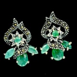 MAJESTIC! NATURAL! GREEN EMERALD & MARCASITE STERLING 925 SILVER EARRINGS