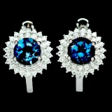 EXCELLENT! NATURAL! 6mm. LONDON BLUE TOPAZ & WHITE CZ..925 SILVER EARRINGS