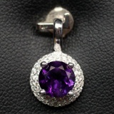 CHARMING! REAL! 7 mm. PURPLE AMETHYST & WHITE CZ STERLING 925 SILVER PENDANT
