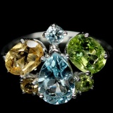 ALLURING! NATURAL! 6 X 9 mm. SKY BLUE TOPAZ, GREEN PERIDOT..925 SILVER RING