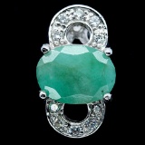 ATTRACTIVE REAL 7 X 10mm. GREEN EMERALD & CZ 925 STERLING SILVER PENDANT