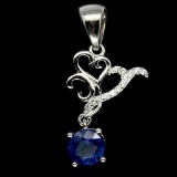 BEAUTIFUL REAL 6mm. BLUE SAPPHIRE & CZ 925 STERLING SILVER PENDANT WHITE GOLD