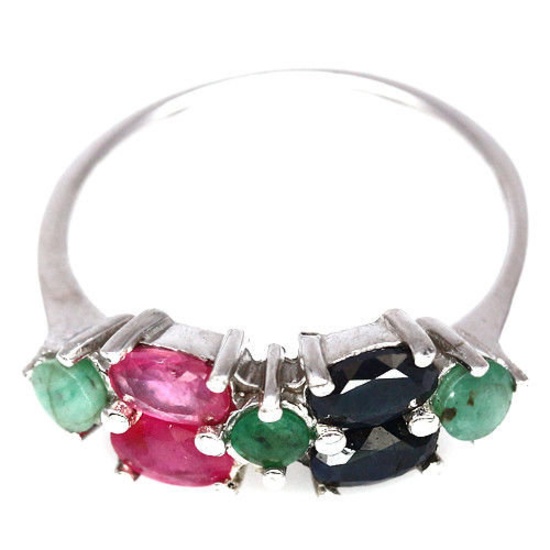 CHARMING! NATURAL! PINK RUBY, GREEN EMERALD & SAPPHIRE..925 SILVER RING SZ6.75