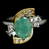 EXCEPTIONAL! NATURAL! 7 X 8 mm GREEN EMERALD & WHITE CZ STERLING 925 SILVER RING