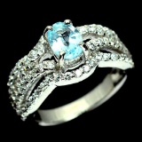 AWESOME! NATURAL! 5 X 7mm. SKY BLUE TOPAZ & WHTIE CZ..925 SILVER RING SIZE5.5