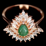 ADORABLE! NATURAL! 4 X 6 mm. GREEN EMERALD & WHITE CZ..925 SILVER RING SZ 5.75