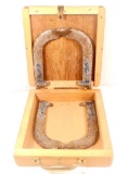 VINTAGE PAIR OF HORSESHOES IN HANDMADE WOODEN BOX