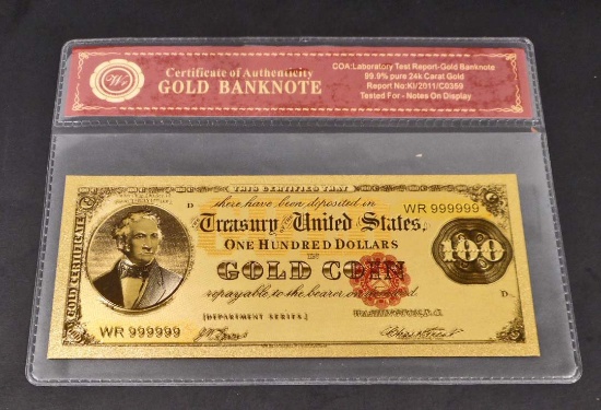 99.9% 24K ONE HUNDRED DOLLAR GOLD BANKNOTE W/COA