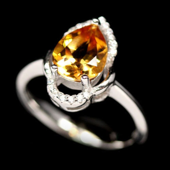 EXTREME! REAL! 7 X 9 mm. GOLDEN YELLOW CITRINE & WHITE CZ 925 SILVER RING SZ 6