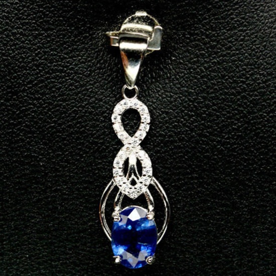 ALLURING! NATURAL! 6 X 8 mm BLUE SAPPHIRE & WHITE CZ STERLING 925 SILVER PENDANT