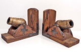 PAIR OF VINTAGE WOODEN & BRASS CANNON BOOKENDS