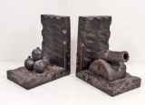 PAIR OF VINTAGE WOODEN CANNON & CANNON BALLS BOOKENDS
