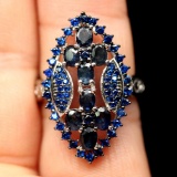 LAMBENT! REAL! DEEP BLUE SAPPHIRE & BLUE CZ TWO TONES 925 SILVER STERLING RING
