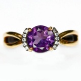 DAZZLING! NATURAL! 7 mm. PURPLE AMETHYST & WHITE CZ TWO TONE..925 SILVER RING