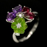 AWESOME! REAL! GREEN QUARTZ, AMETHYST, RHODOLITE & CZ 925 SILVER STERLING RING