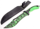 FIXED BLADE HUNTING KNIFE W/ GREEN SKULL BLADE & SHEATH