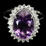 ADORABLE! NATURAL! 10 X 14mm. PURPLE AMETHYST & WHITE CZ..925 SILVER RING SZ7.75