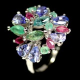 INVITING! REAL! BLUE TANZANITE, GREEN EMERALD & RED RUBY 925 SILVER RING