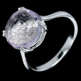 ALLURING REAL 11mm. PINK AMETHYST & CZ 925 STERLING SILVER RING WHITE GOLD 7.25