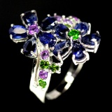 INVITING! REAL! BLUE SAPPHIRE, AMETHYST & DIOPSIDE 925 SILVER STERLING RING