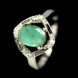 ALLURING! REAL! 7 X 9 mm. GREEN EMERALD & WHITE CZ 925 SILVER STERLING RING