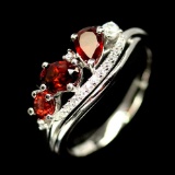 BEAUTIFUL! REAL! ORANGE RED GARNET & WHITE CZ 925 SILVER STERLING RING SZ 7.75