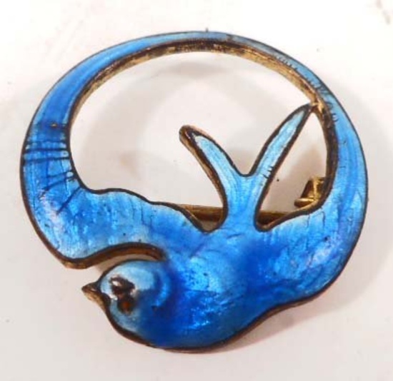 ANTIQUE BLUE ENAMELED BLUEBIRD SCATTER PIN BROOCH