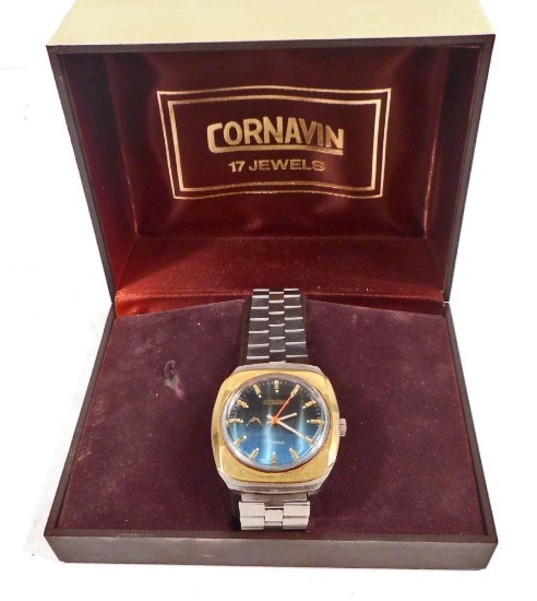 VINTAGE 17 JEWELS CORNAVIN MENS WATCH W/ CASE