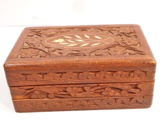CARVED & INLAID WOODEN BOX W/ SECRET SLIDE OPENING
