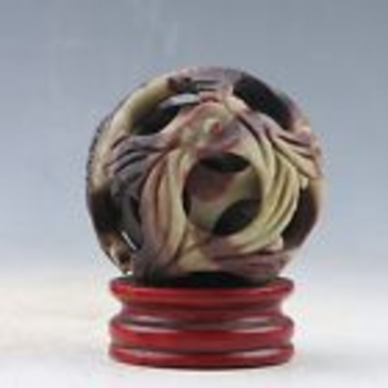 HAND CARVED JADE BALL INSIDE BALL W/ STAND