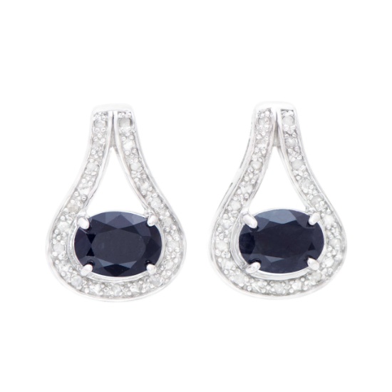 Plated Rhodium and Sterling Silver 3.15ctw Sapphire and Diamond Earrings