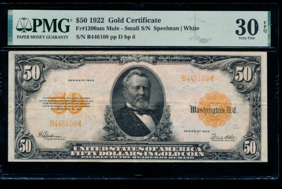 1922 $50 Mule Gold Certificate PMG 30EPQ