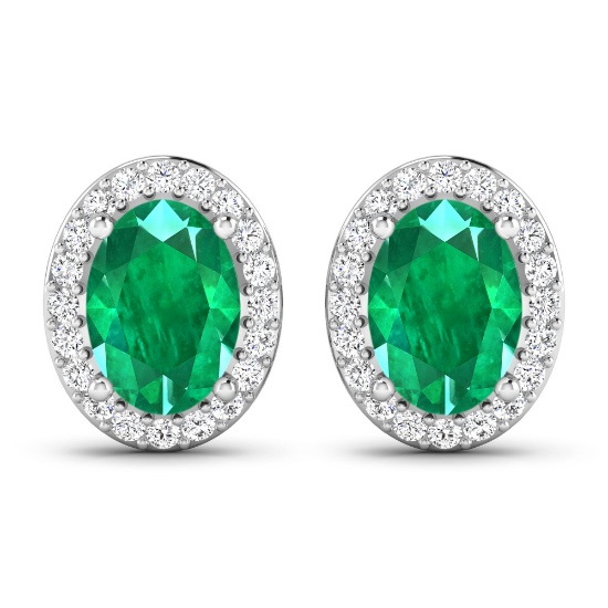 14KT White Gold 1.12ctw Zambian Emerald and Diamond Earrings