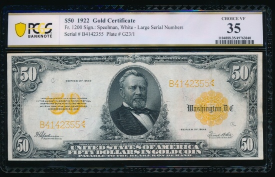 1922 $50 Gold Certificate PCGS 35