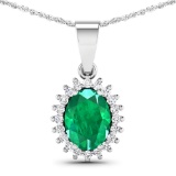 14KT White Gold 1.1ctw Zambian Emerald and Diamond Pendant