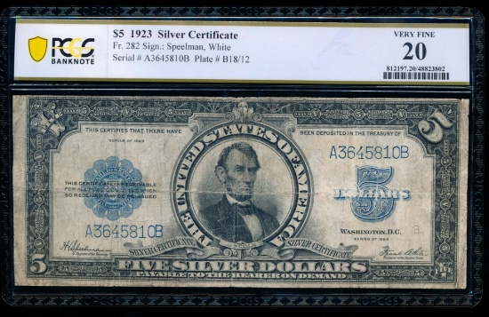 1923 $5 Lincoln Porthole Silver Certificate PCGS 20