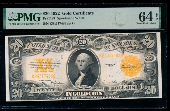 1922 $20 Gold Certificate PMG 64EPQ