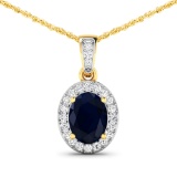 14KT Yellow Gold 1.30ct Blue Sapphire and Diamond Pendant with Chain