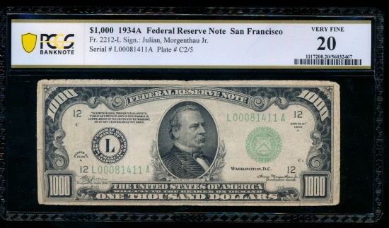 1934A $1000 San Francisco FRN PCGS 20
