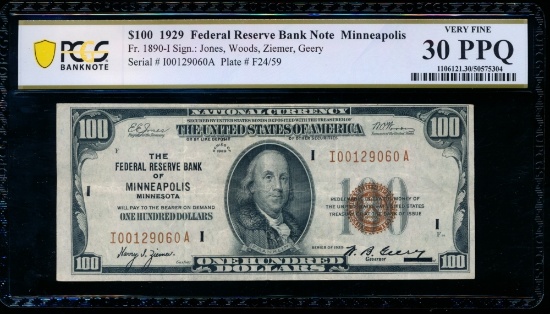 1929 $100 Minneapolis FRBN PCGS 30PPQ