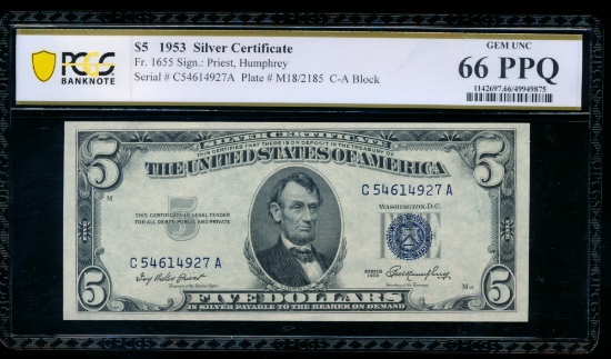 1953 $5 Silver Certificate PCGS 66PPQ