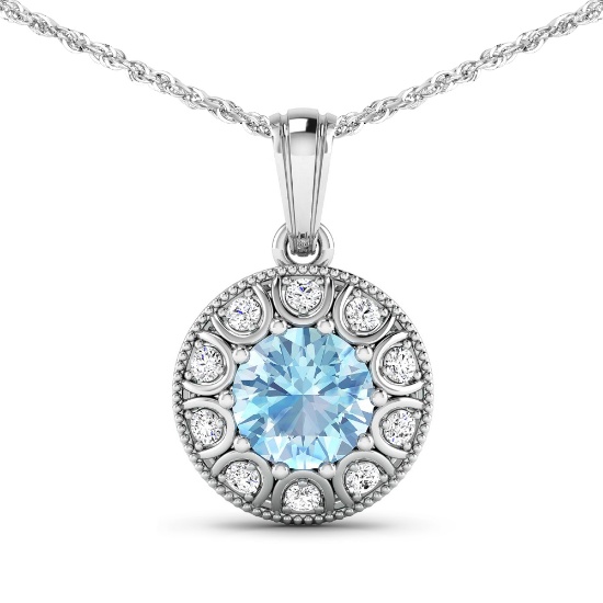 14KT White Gold 1.9ctw Aquamarine and Diamond Pendant